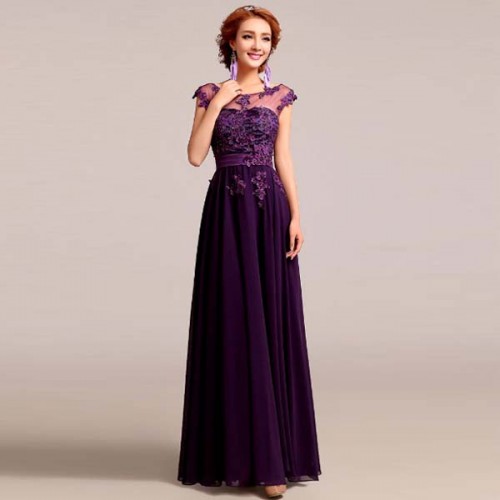 Purple Sheer Mesh Lace Long Evening Dress